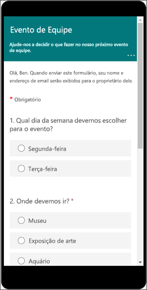 Visualização da aparência de um Formulário em um dispositivo móvel.