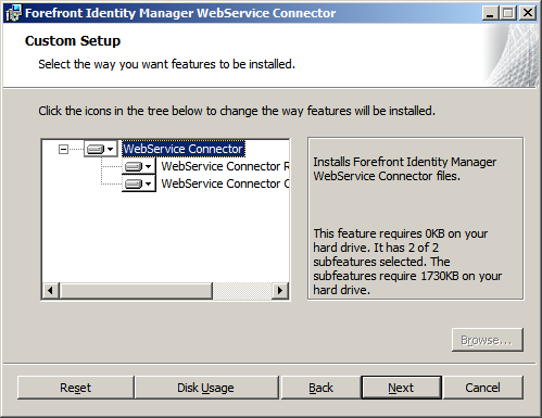 Opções do conector do assistente de instalação