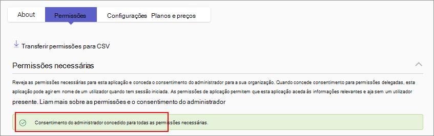 Captura de ecrã a mostrar uma confirmação depois de conceder consentimento às permissões da aplicação.