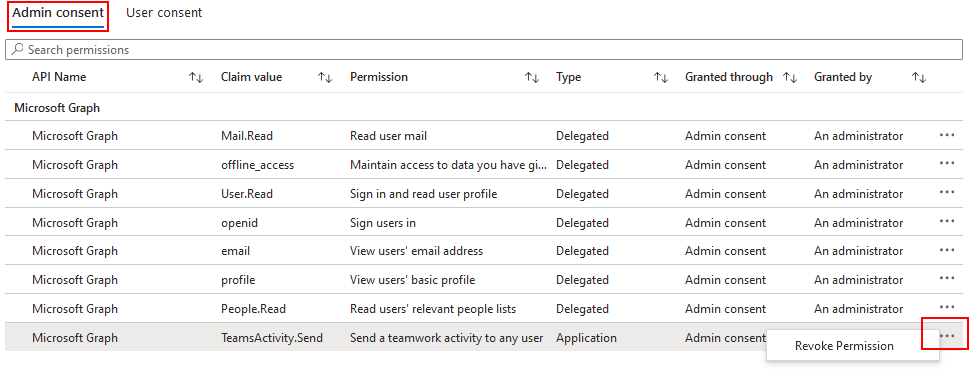 Captura de ecrã a mostrar a opção para revogar uma permissão do Graph de uma aplicação a partir do centro de administração do Microsoft Entra.