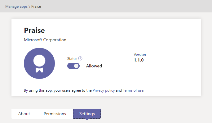 Captura de tela da página De detalhes do aplicativo Praise no centro de administração do Teams, mostrando o alternância Status.