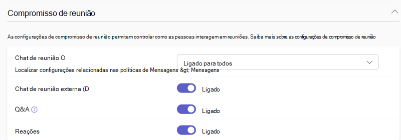 Captura de ecrã a mostrar as políticas de cativação de reuniões do Teams no centro de administração do Teams.