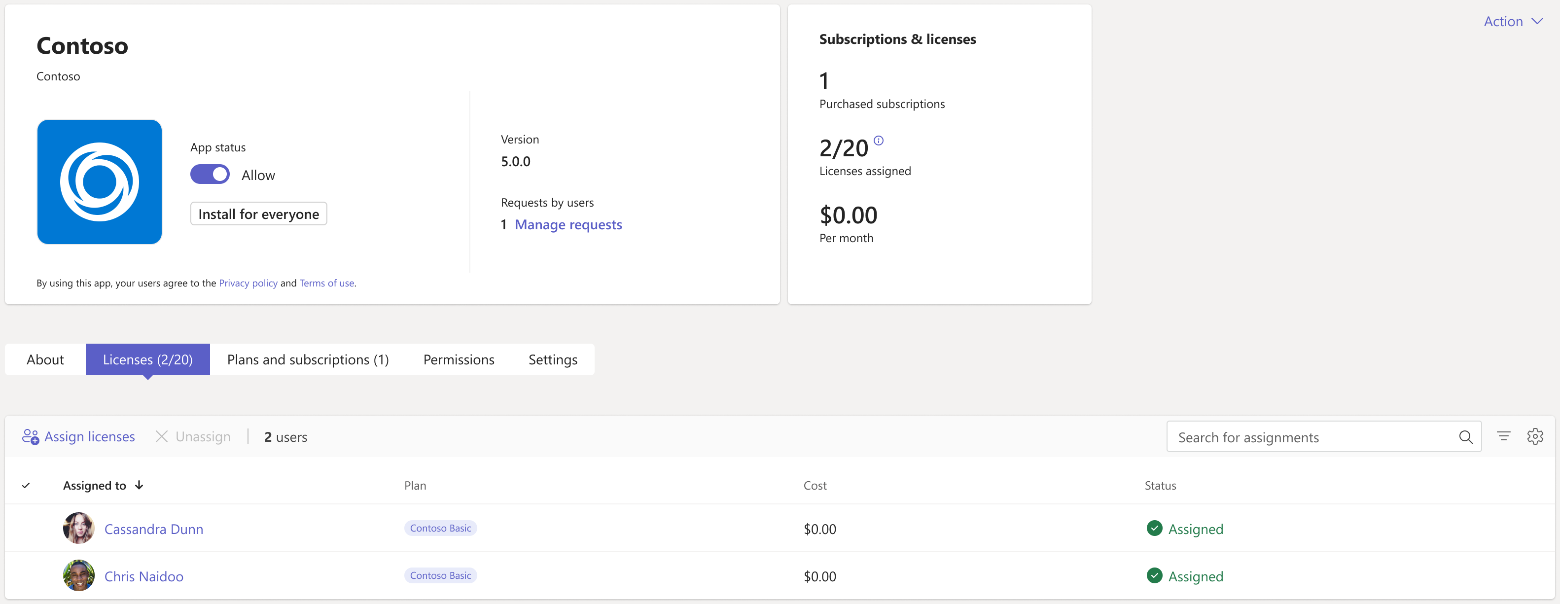 Captura de ecrã que mostra a lista de utilizadores atribuídos para remover as licenças.