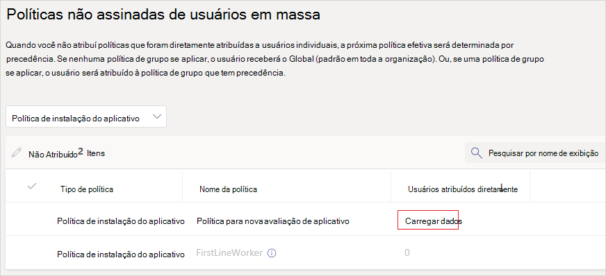 Captura de ecrã da página políticas de anular a atribuição em massa com a opção carregar dados.