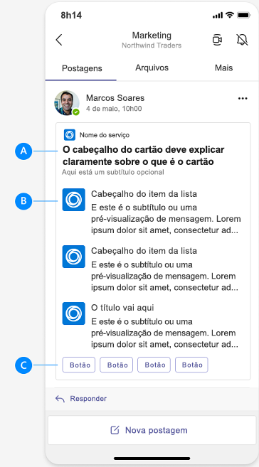 O exemplo mostra a anatomia do Cartão Adaptável no dispositivo móvel.