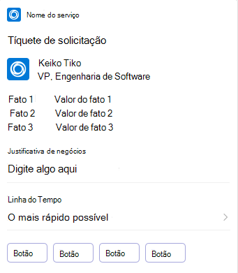 O exemplo mostra um cartão de tíquete de solicitação do Cartão Adaptável no dispositivo móvel.