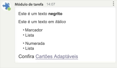 Captura de ecrã a mostrar um exemplo de formatação Adaptive Card Markdown na plataforma Android do Teams.