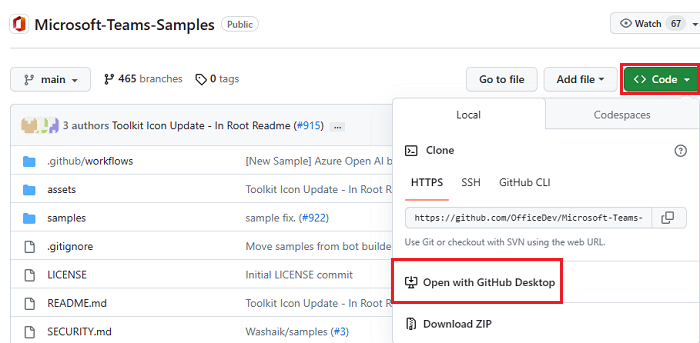 Captura de ecrã a mostrar a opção para clonar o repositório no local.