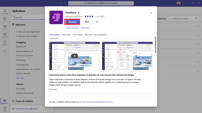 Captura de ecrã a mostrar a opção para atualizar a aplicação instalada no Teams.