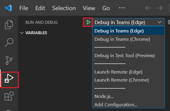 A captura de ecrã mostra como depurar a sua aplicação no Teams Toolkit.