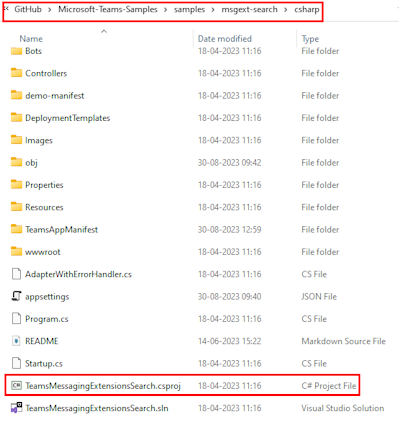 Captura de ecrã do repositório clonado com o TeamsMessagingExtensionsSearch.csproj realçado a vermelho.