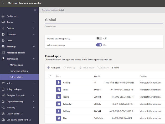 Captura de tela das políticas de configuração de aplicativos do Teams, mostrando o aplicativo de calendário.