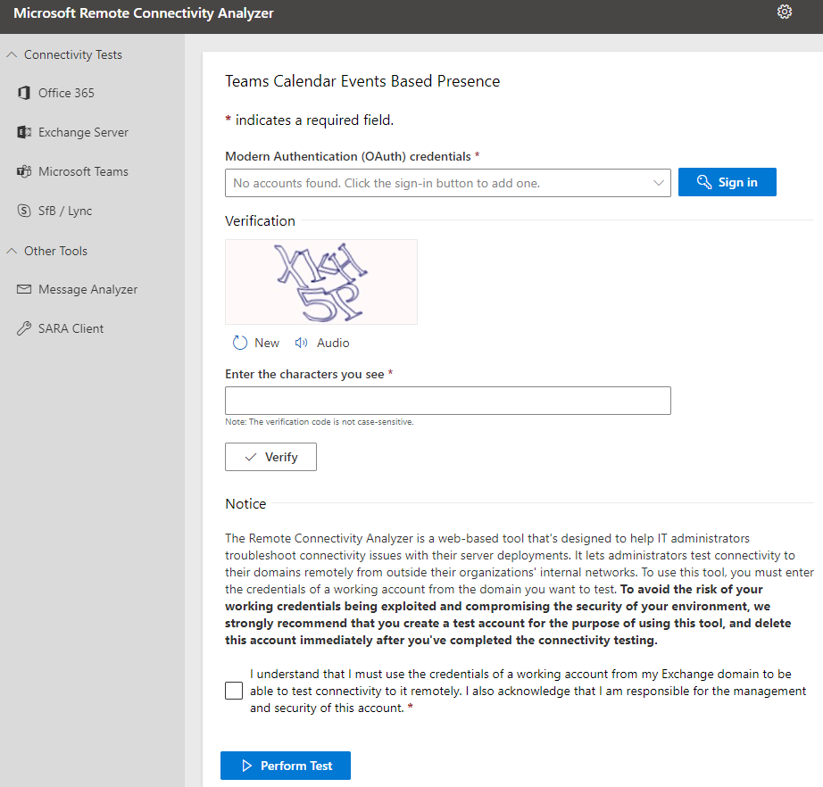 Captura de tela da página Presença Baseada em Eventos do Calendário do Microsoft Remote Connectivity Analyzer.