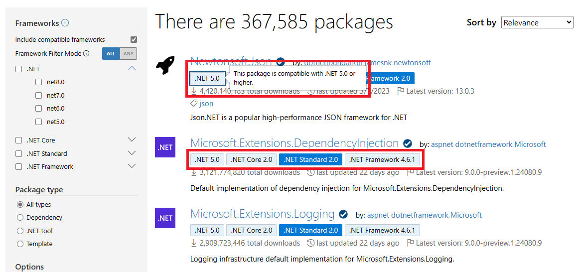 Screenshot of the Framework badges on nuget.org's search page.