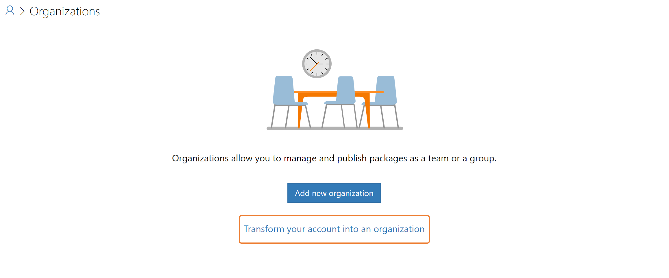 Opção no NuGet.org para transformar uma conta existente em uma organização