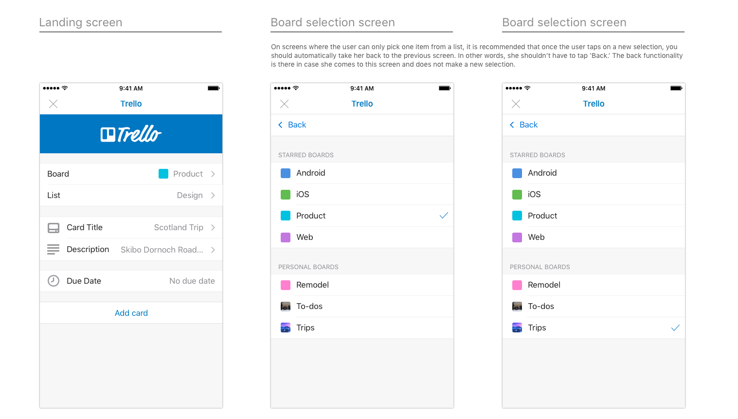 Design de ponta a ponta para o suplemento Trello, parte 1, no iOS.