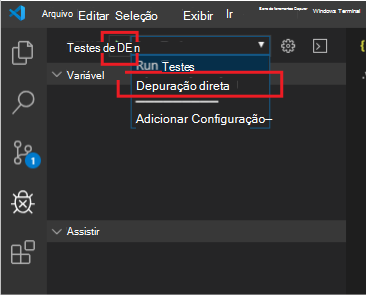 A opção Depuração Direta selecionada a partir das opções de configuração no menu pendente Depuração do Visual Studio Code.