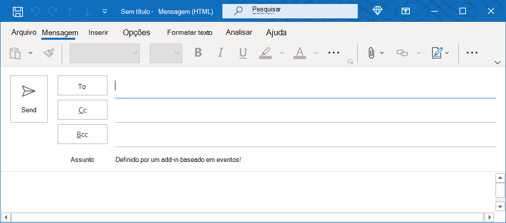 Uma janela de mensagem no Outlook clássico no Windows com o assunto definido em composição.