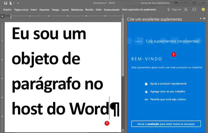 Suplemento em execução em um painel de tarefas no Word.