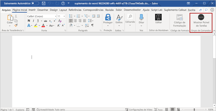 The Word application with the Show Taskpane button highlighted.