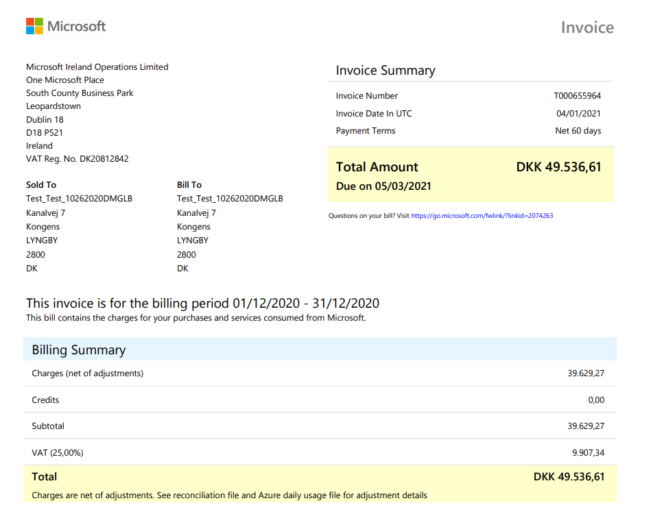 Captura de tela de uma fatura do Partner Center informando que os detalhes de ajuste aparecem nos arquivos de reconhecimento e de uso diário do Azure.