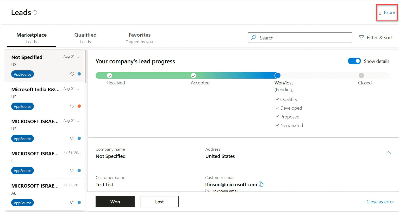 Captura de tela da tela Clientes Potenciais no Partner Center com o botão Exportar realçado.