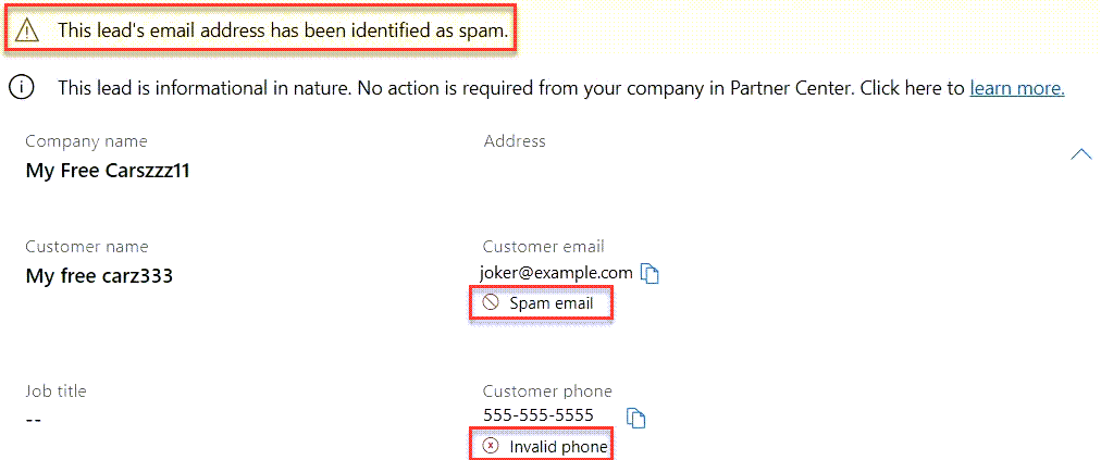 Captura de tela de um cliente potencial no Partner Center com avisos de spam realçados.