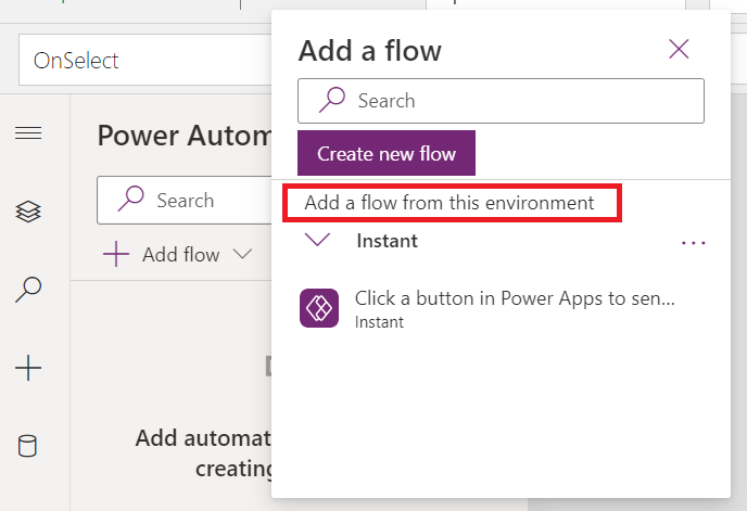 Captura de tela mostrando a opção de adicionar fluxos existentes do ambiente atual.