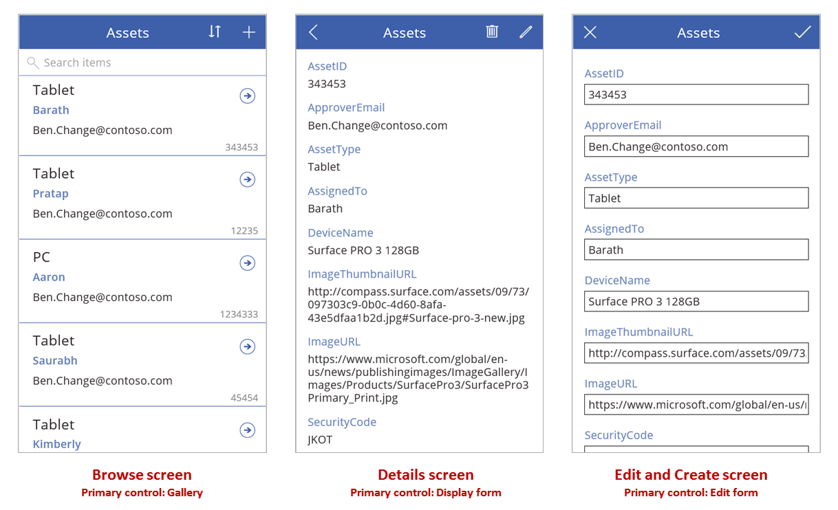 Procurar, exibir e editar registros em três telas.