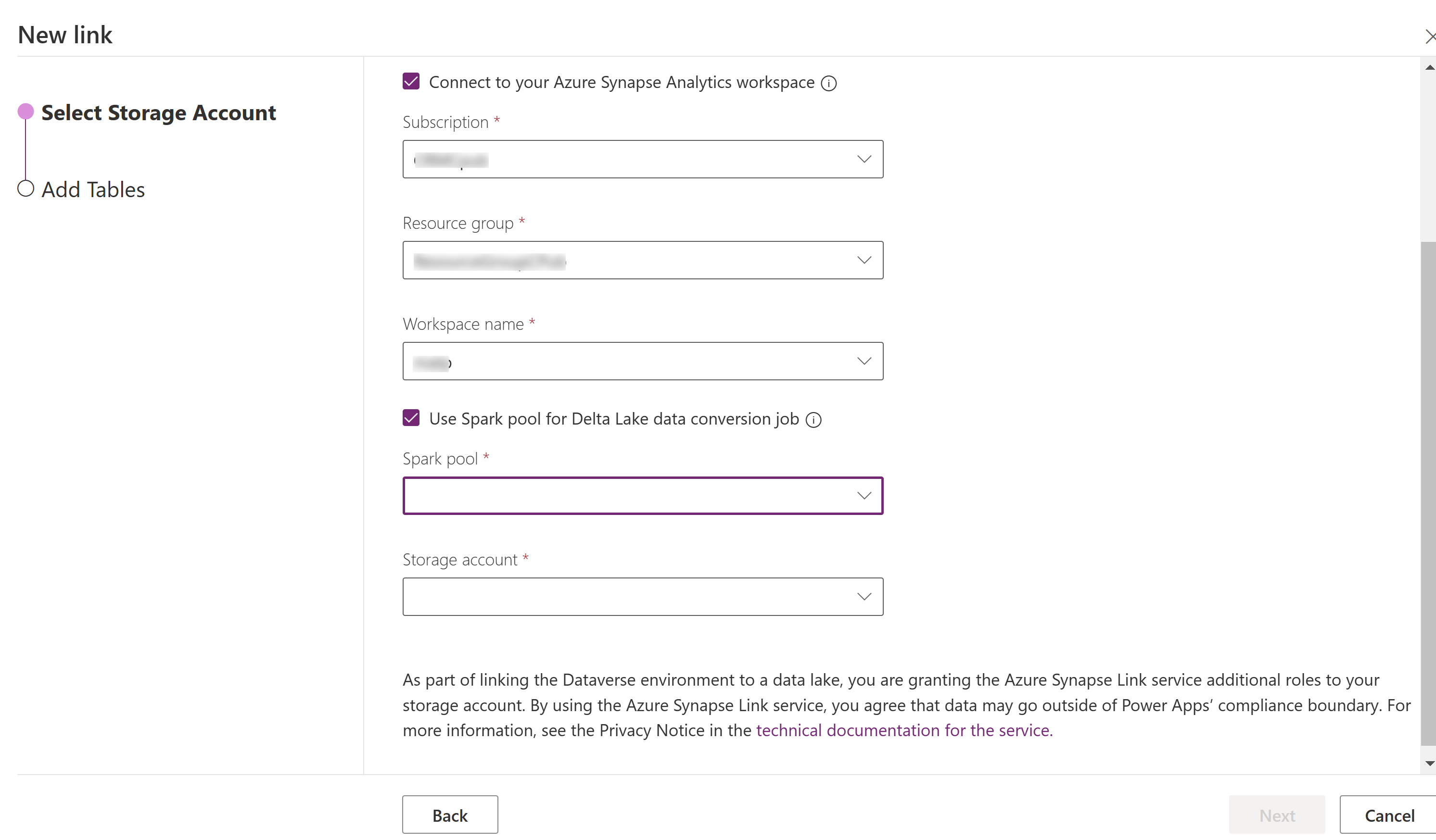  A configuração do Azure Synapse Link for Dataverse que inclui pool do Spark.