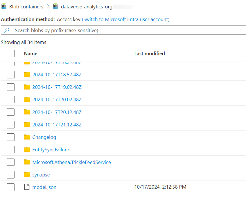 Pastas incrementais exibidas no Azure Data lake storage criadas pelo Link do Synapse