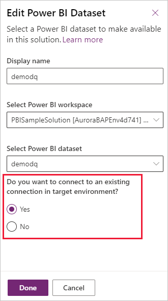 Captura de tela mostrando como conectar automaticamente um componente do Power BI a uma conexão existente em ambientes de implantação.