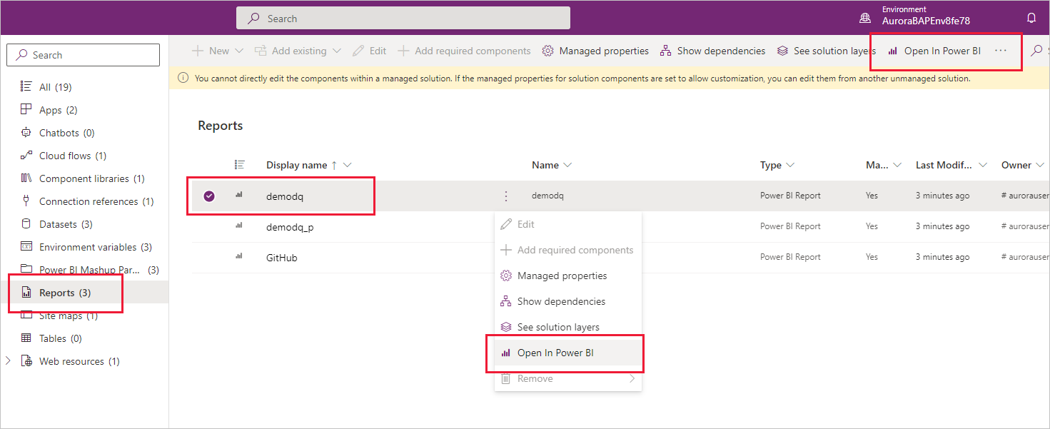 Captura de tela mostrando a opção Abrir Power BI no Power Apps.