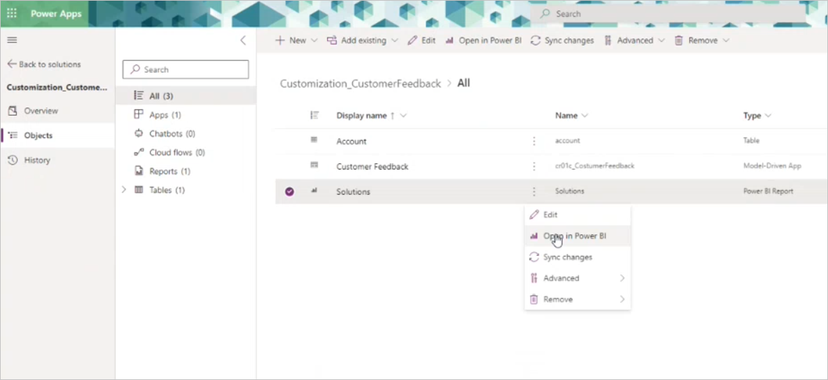 Captura de tela mostrando como abrir itens do Power BI no Power BI para iniciar a personalização.