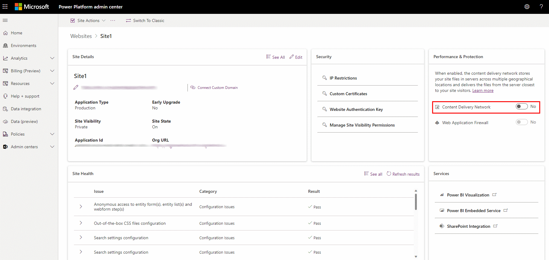 O botão de alternância da CDN na posição ativado.