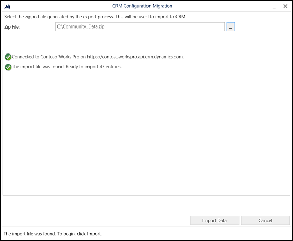 Progresso de importação dos dados de configuração.