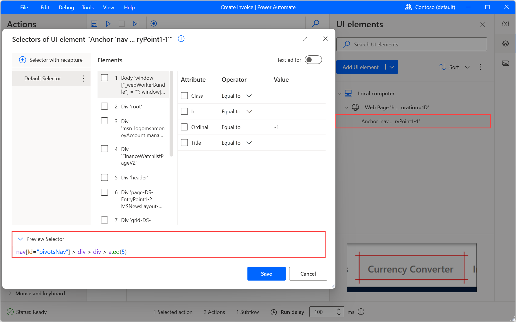 Captura de tela das opções para editar e criar seletores.