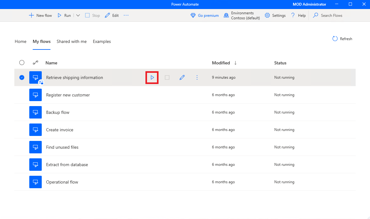 Defina a propriedade do fluxo e execute no modo Picture-in-Picture por meio da console do Power Automate.