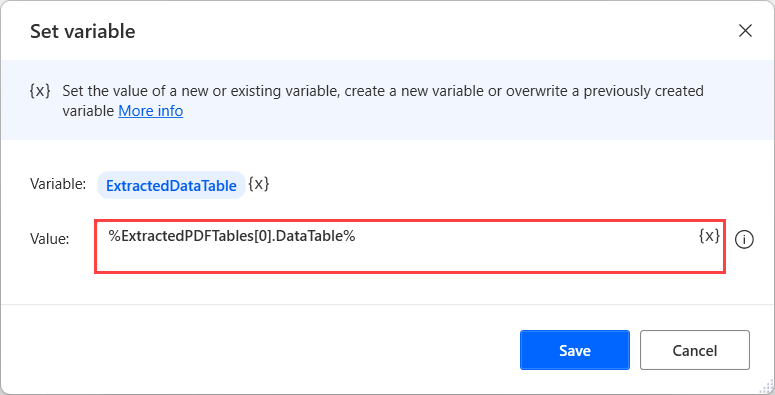 Captura de tela da tabela de dados contida em uma lista de variáveis de informações da tabela PDF.