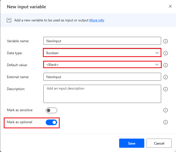 Captura de tela da configuração de entrada da variável booliana para usar em branco como seu valor padrão.