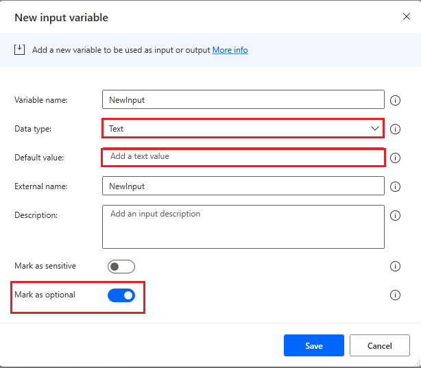 Captura de tela da configuração de entrada da variável de texto para usar em branco como seu valor padrão.