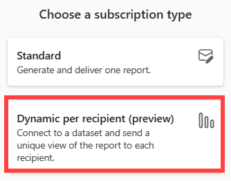 Captura de tela do serviço do Power BI mostrando a tela Novas assinaturas e a opção Dinâmica por destinatário.