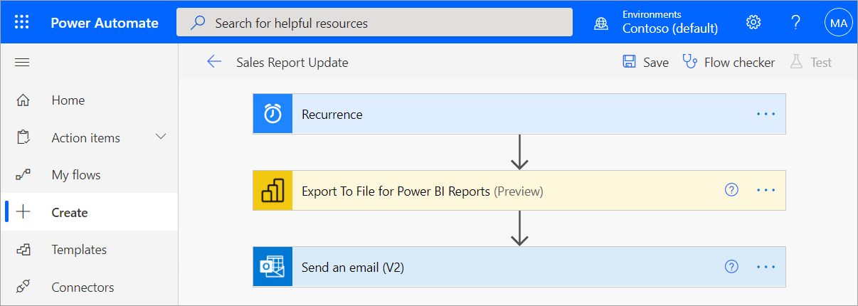 Captura de tela da janela Automatizar do Power BI mostrando as opções de criação.