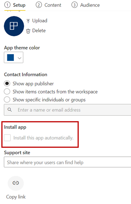 Captura de tela mostrando a opção Publicar aplicativo do Power BI com a seleção de Instalar aplicativo automaticamente.