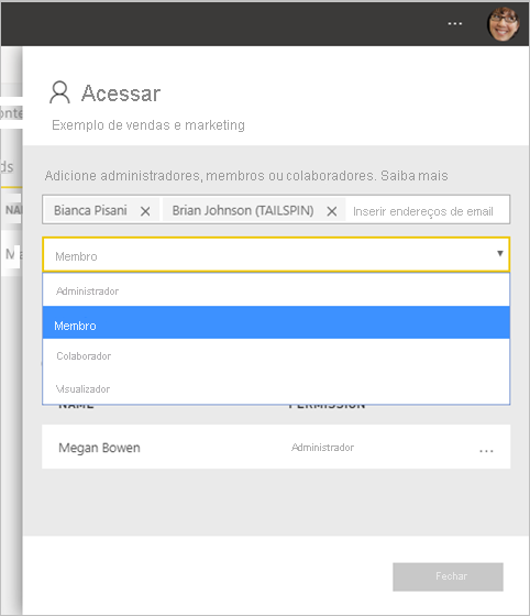 Screenshot that shows how to add members, admins, contributors to a workspace.