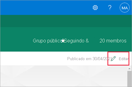 Captura de tela da página de edições do SharePoint com a opção editar realçada.