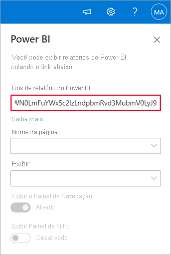 Captura de tela das novas propriedades da Web Part do SharePoint com o link de relatório do Power BI realçado.