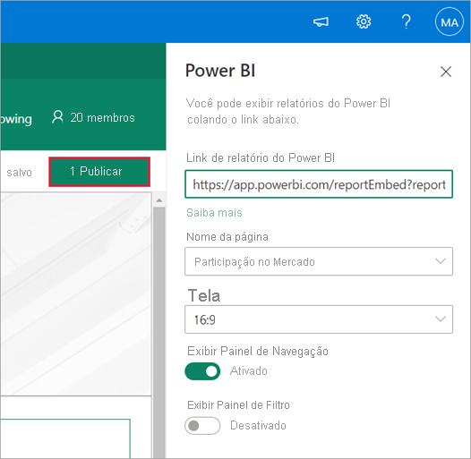 Captura de tela do link de relatório do Power BI mostrando a opção Publicar selecionada.