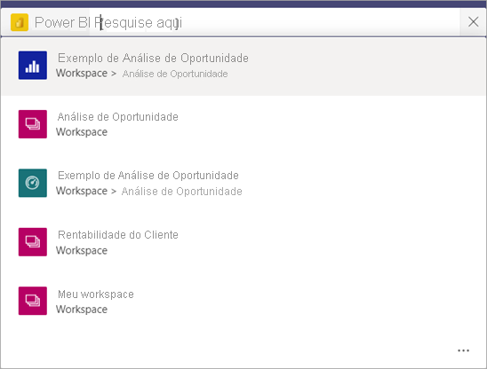 Screenshot of the Teams search bar showing a list of reports and My workspace in Power BI app.