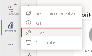 Screenshot of the Teams navigation pane. The Power BI icon is right-clicked and the pin option is selected.